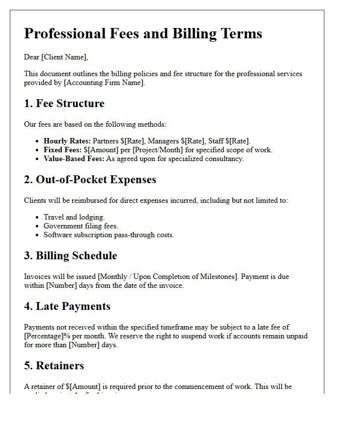 Accounting Firm Fees and Billing Letter Terms