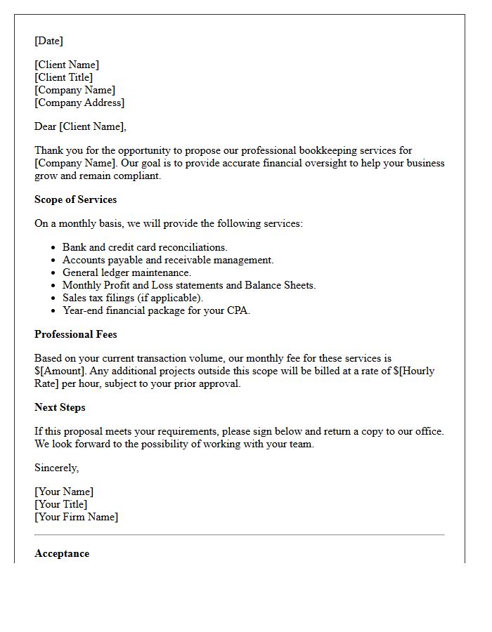 Corporate Monthly Bookkeeping Proposal Letter