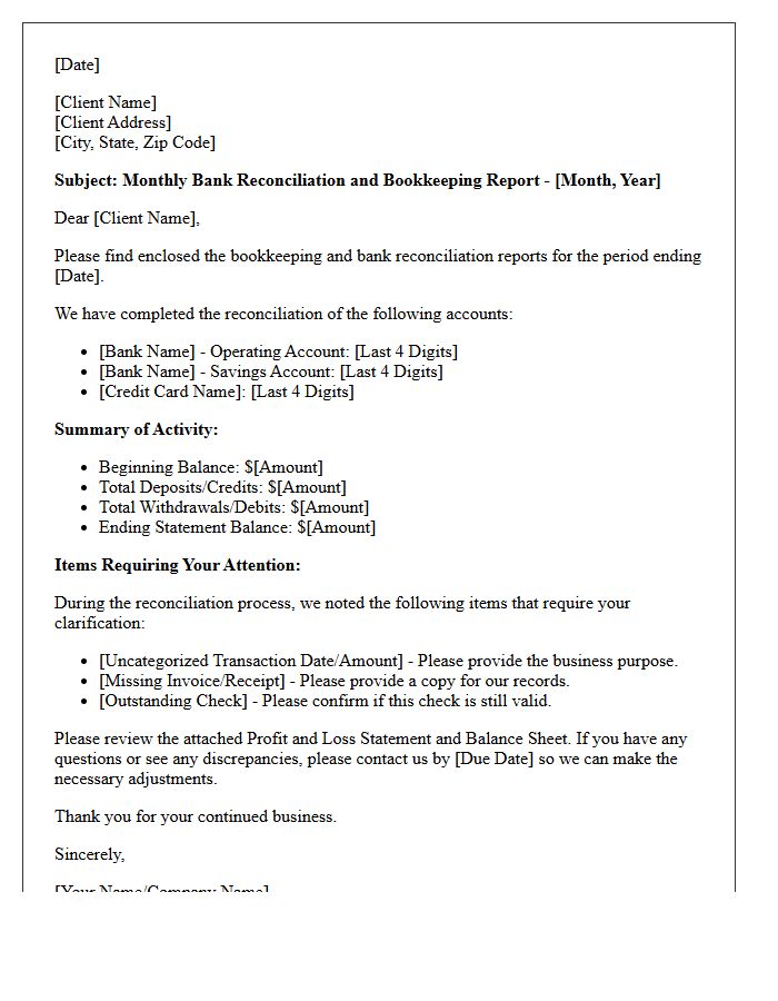 Monthly Bank Reconciliation and Bookkeeping Letter