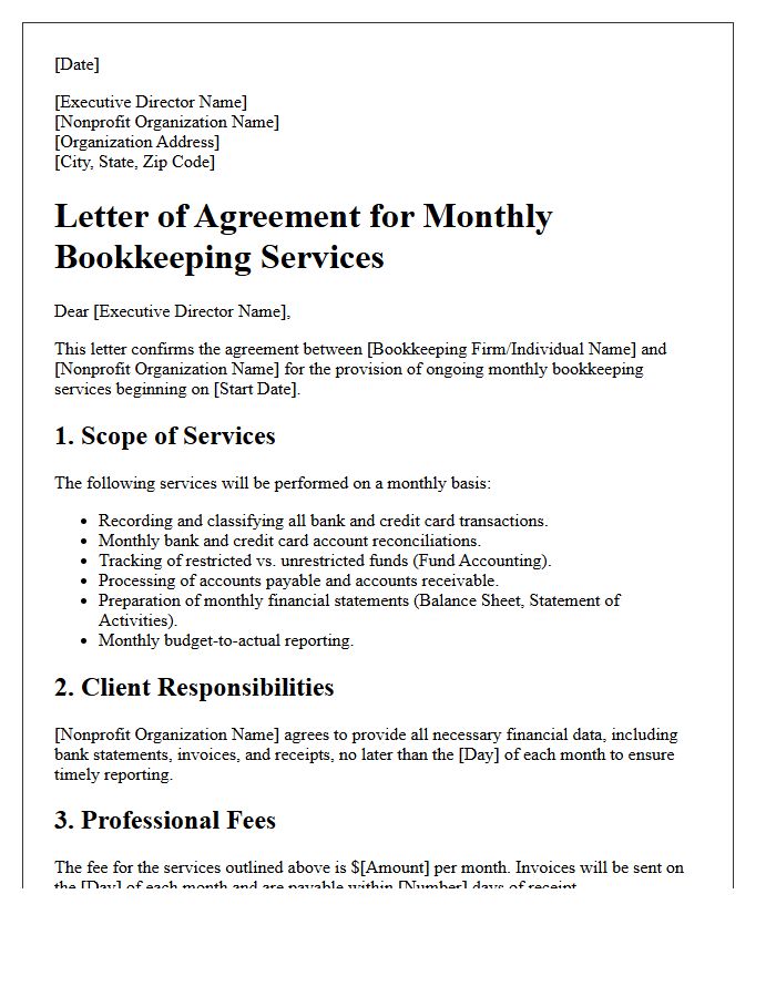Nonprofit Monthly Bookkeeping Agreement Letter