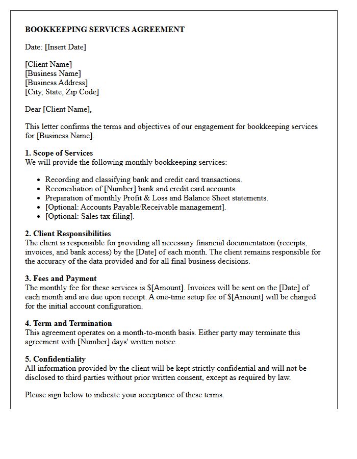 Small Business Monthly Bookkeeping Agreement Letter