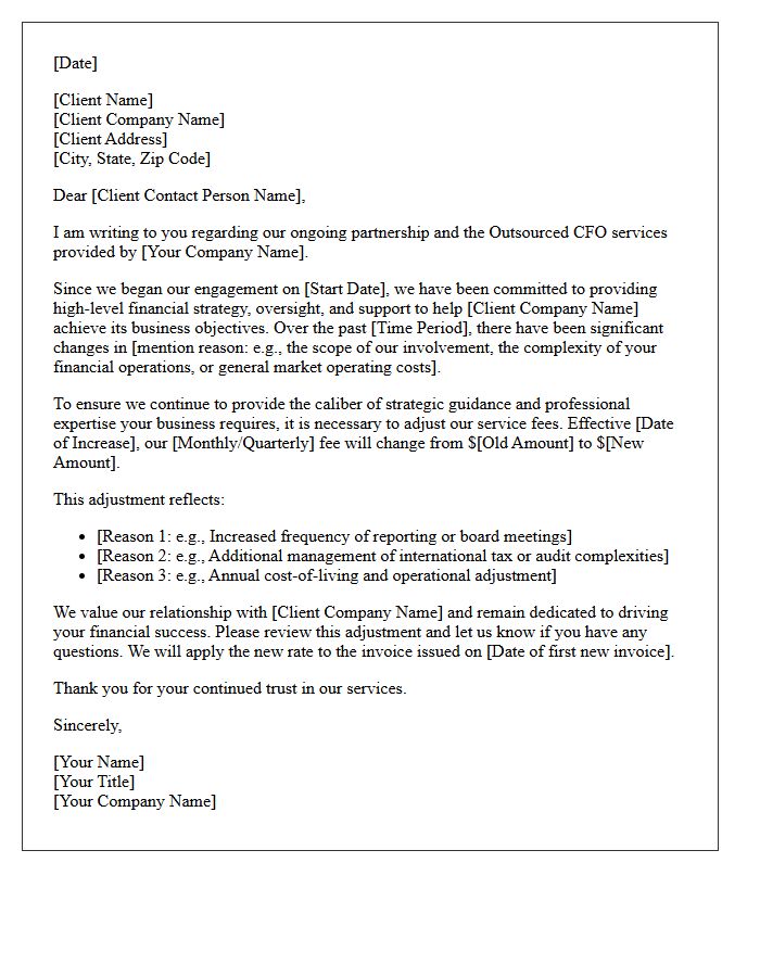Fee Adjustment Letter For Outsourced Chief Financial Officer Services