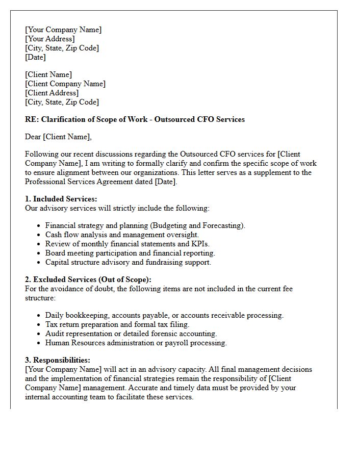 Scope Of Work Clarification Letter For Outsourced Chief Financial Officer Services
