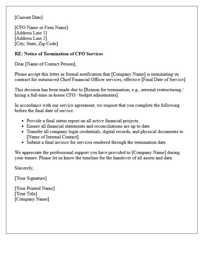 Termination Letter For Outsourced Chief Financial Officer Services