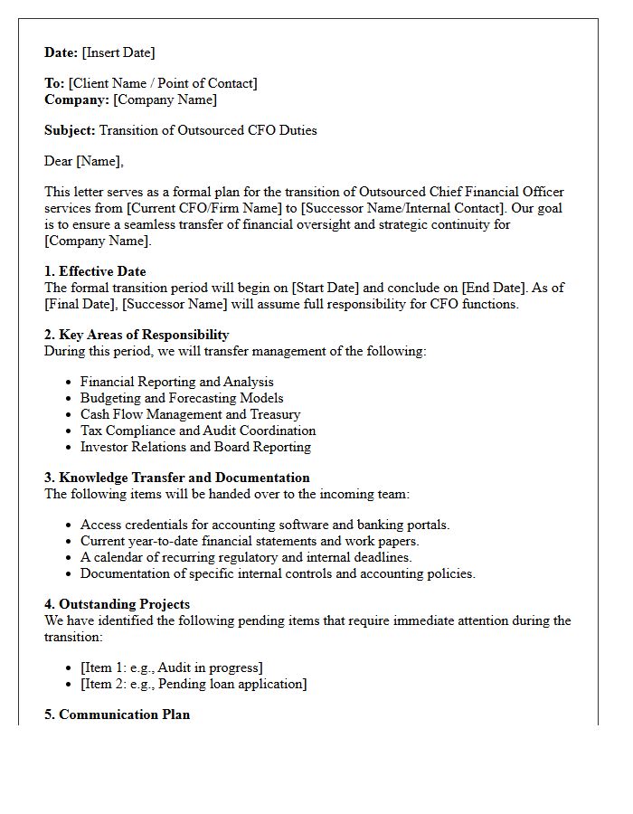 Transition Of Duties Letter For Outsourced Chief Financial Officer Services