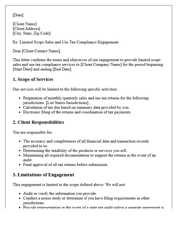 Limited Scope Sales And Use Tax Compliance Engagement Letter