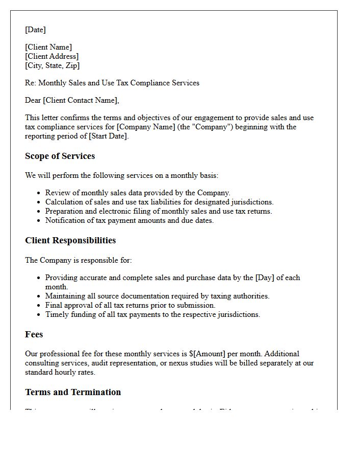 Monthly Sales And Use Tax Compliance Engagement Letter