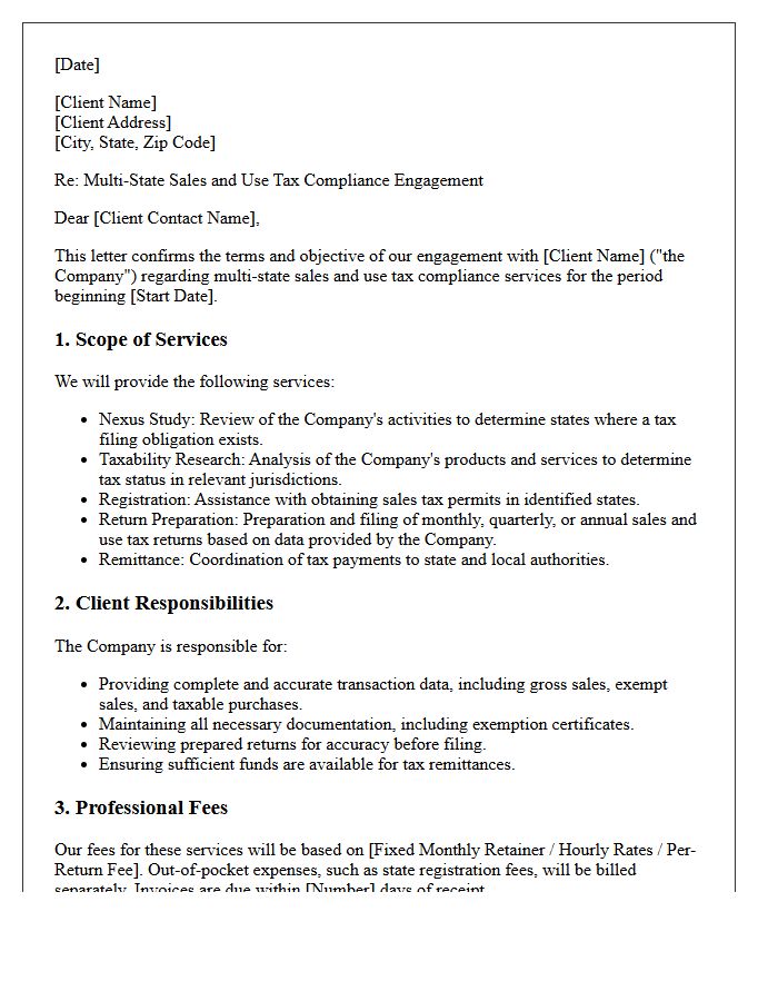 Multi-State Sales And Use Tax Compliance Engagement Letter