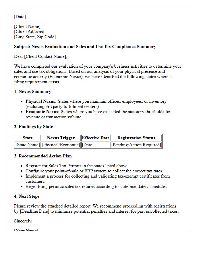 Nexus Evaluation And Sales And Use Tax Compliance Letter