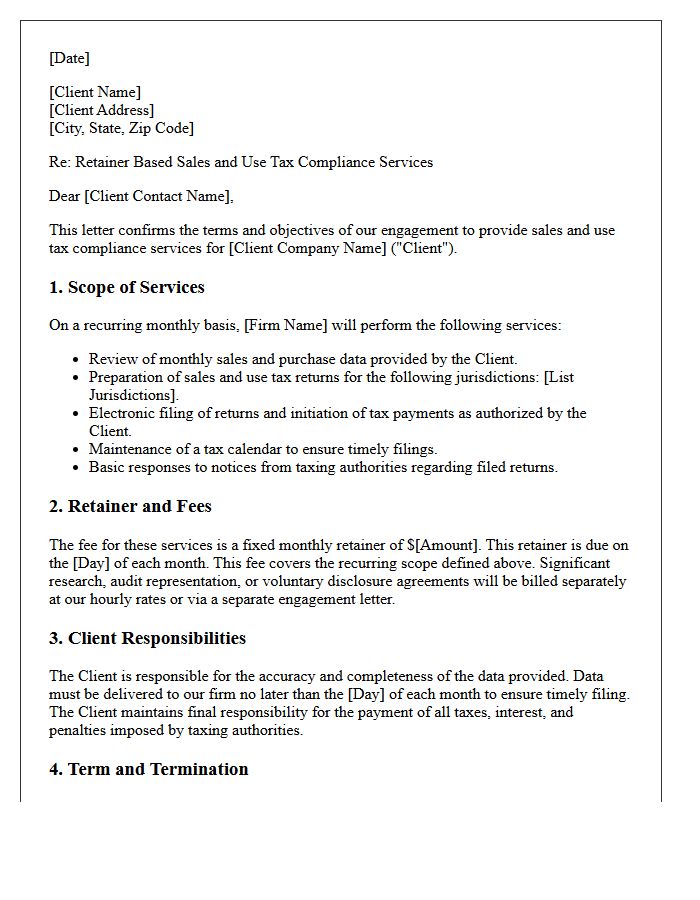 Retainer Based Sales And Use Tax Compliance Engagement Letter