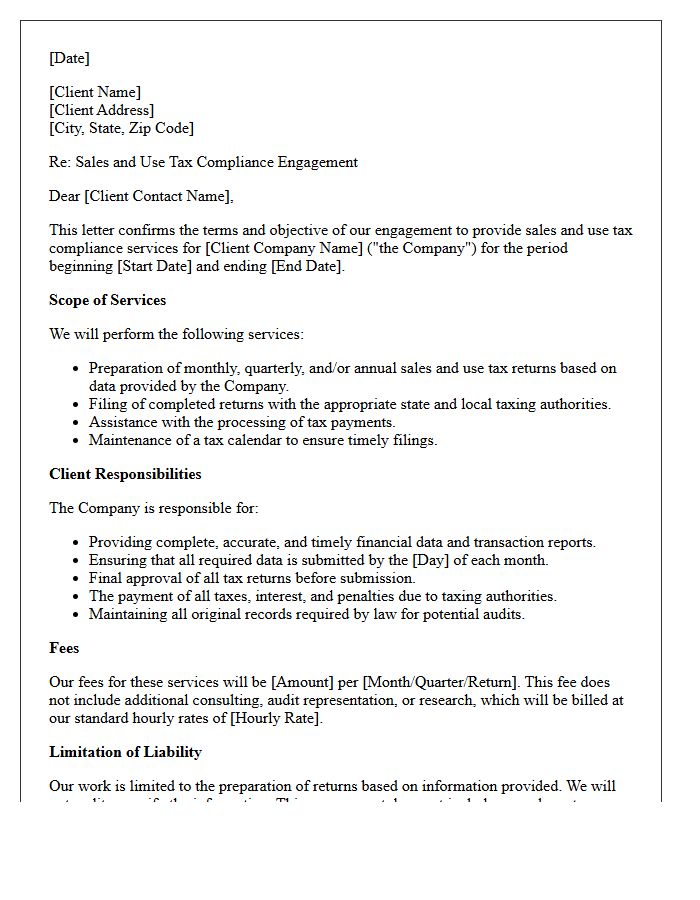 Standard Sales And Use Tax Compliance Engagement Letter