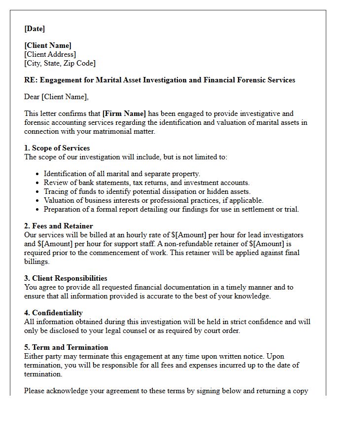 Divorce Marital Asset Investigation Engagement Letter
