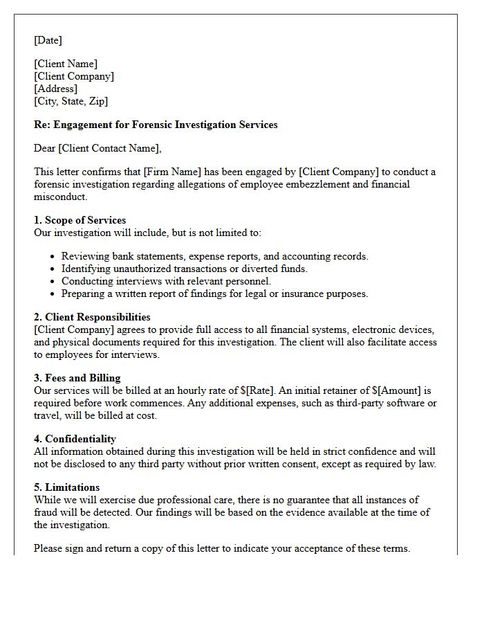 Employee Embezzlement Investigation Engagement Letter