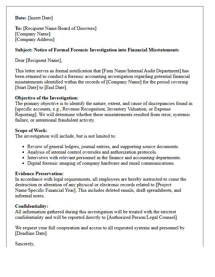 Financial Misstatement Forensic Investigation Letter