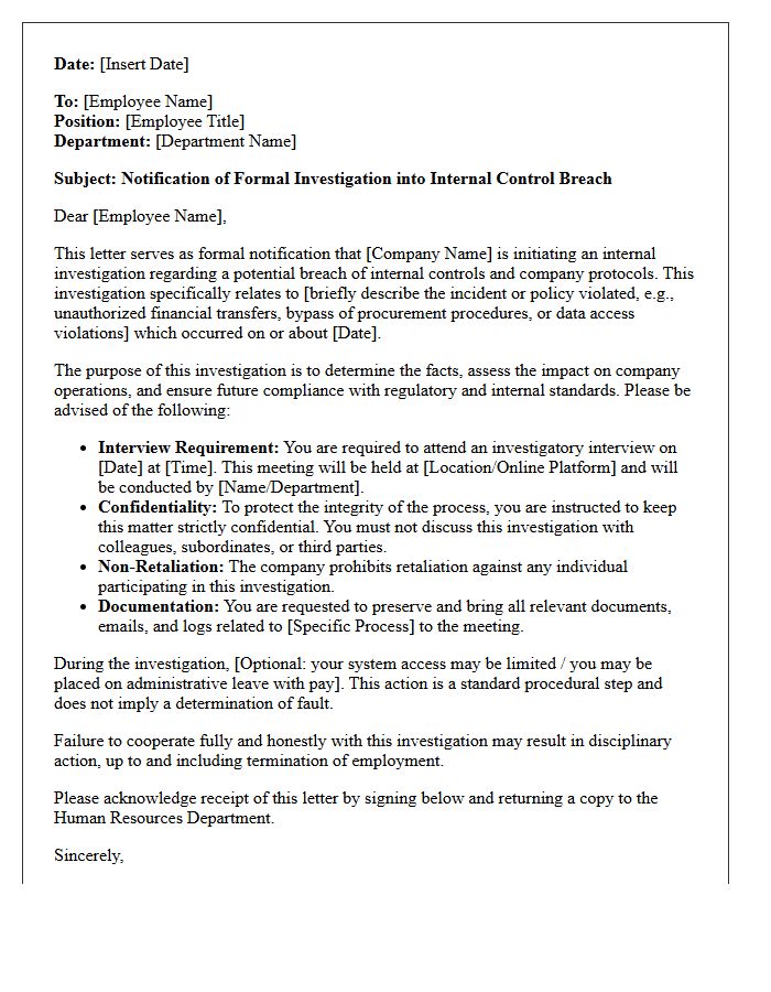 Internal Control Breach Investigation Letter