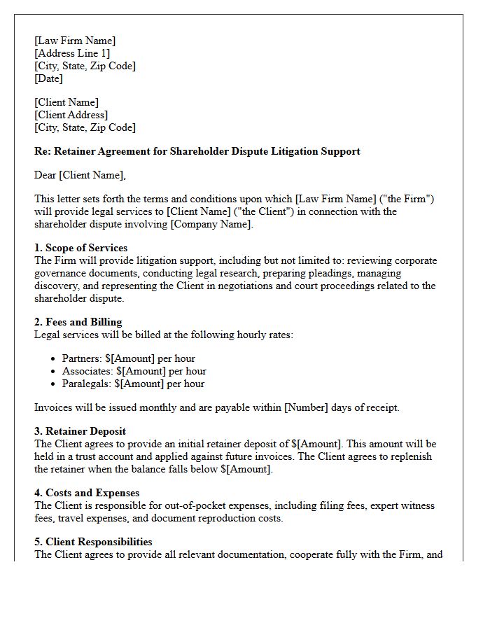 Shareholder Dispute Litigation Support Retainer Letter