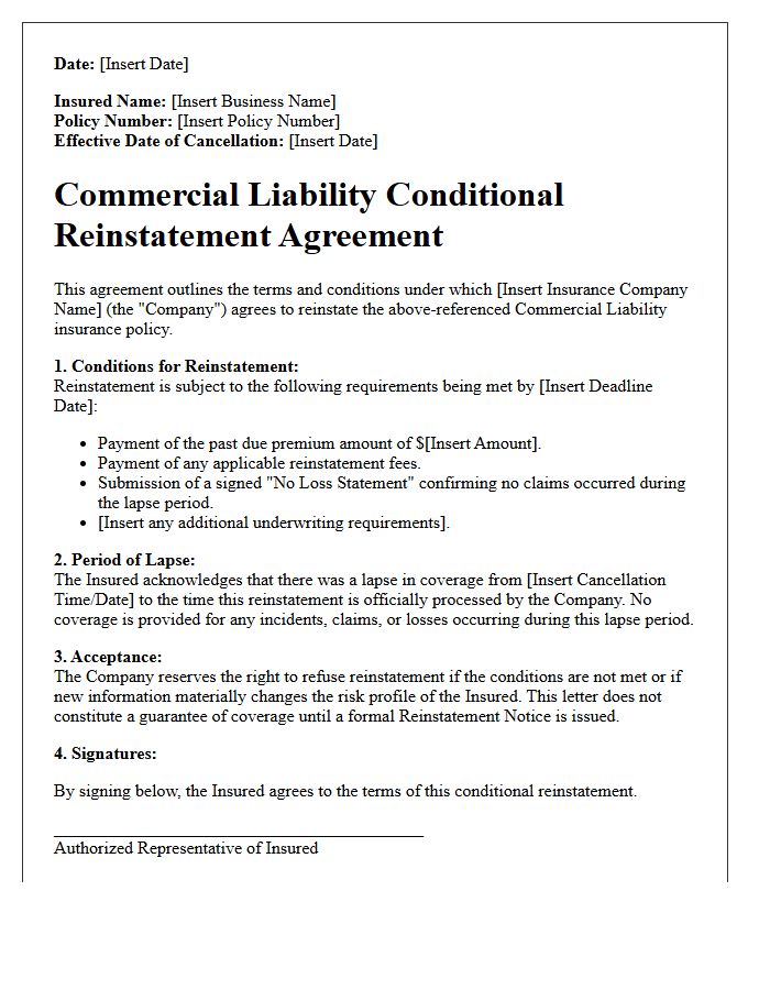 Commercial Liability Conditional Reinstatement Agreement Letter