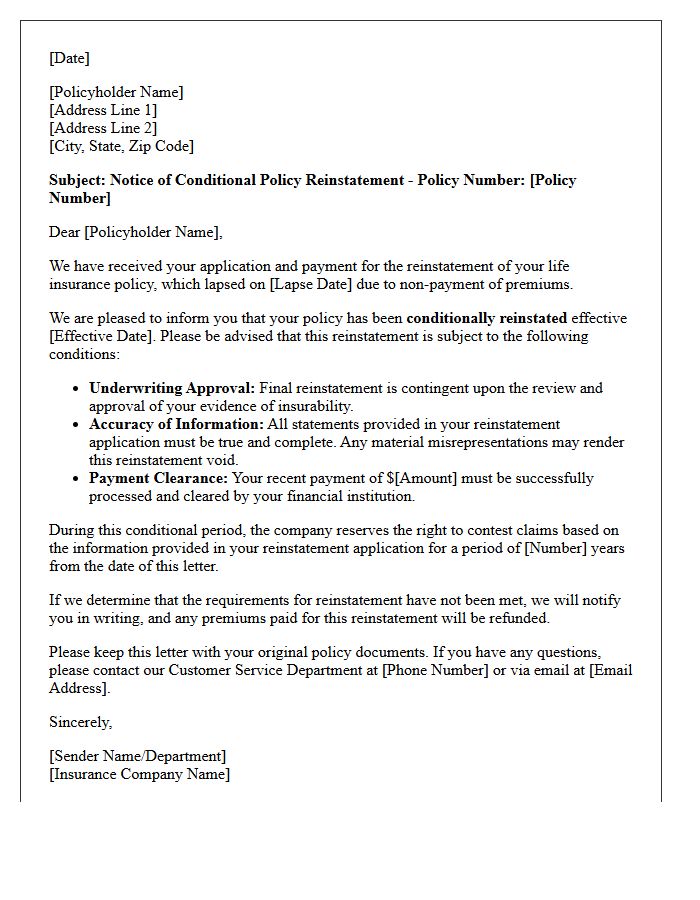 Life Insurance Conditional Policy Reinstatement Letter