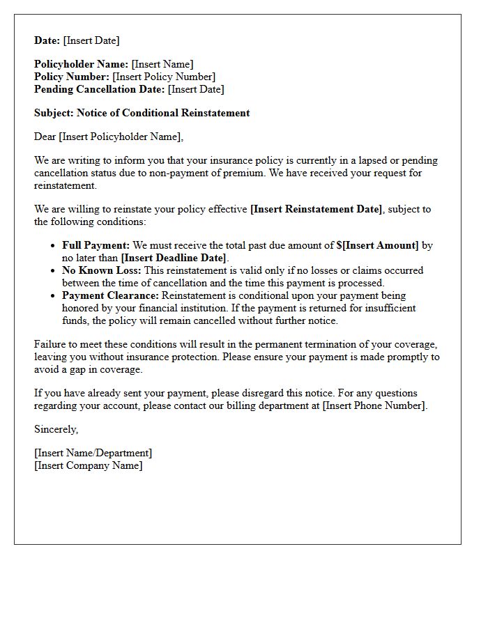 Pending Payment Conditional Policy Reinstatement Letter