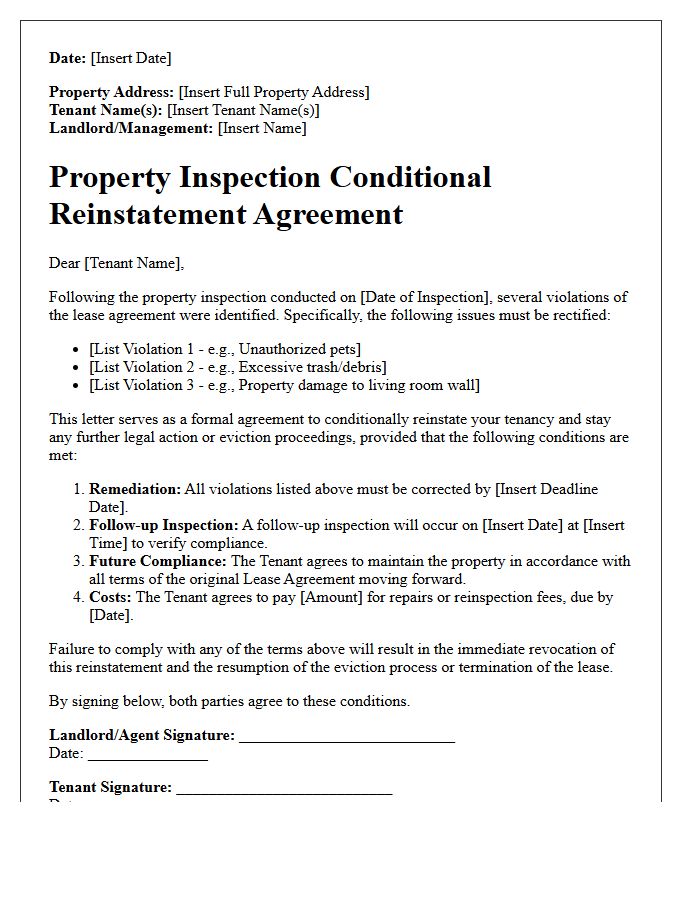 Property Inspection Conditional Reinstatement Agreement Letter