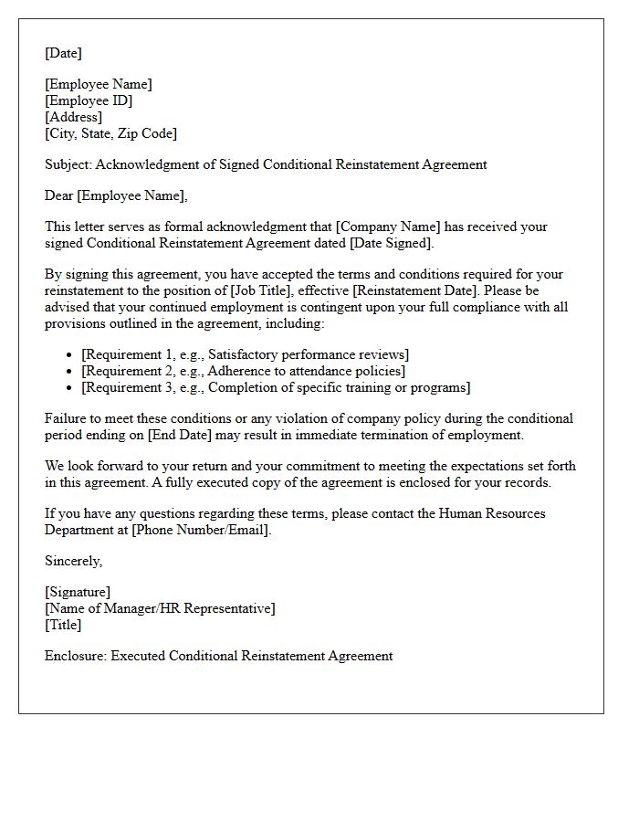 Signed Conditional Reinstatement Agreement Acknowledgment Letter