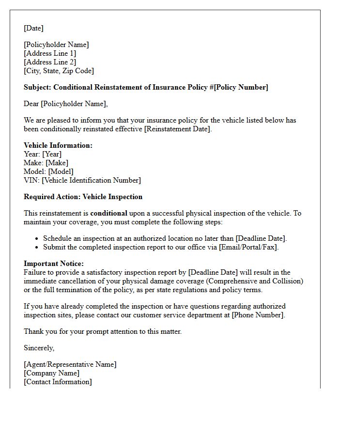 Vehicle Inspection Conditional Policy Reinstatement Letter