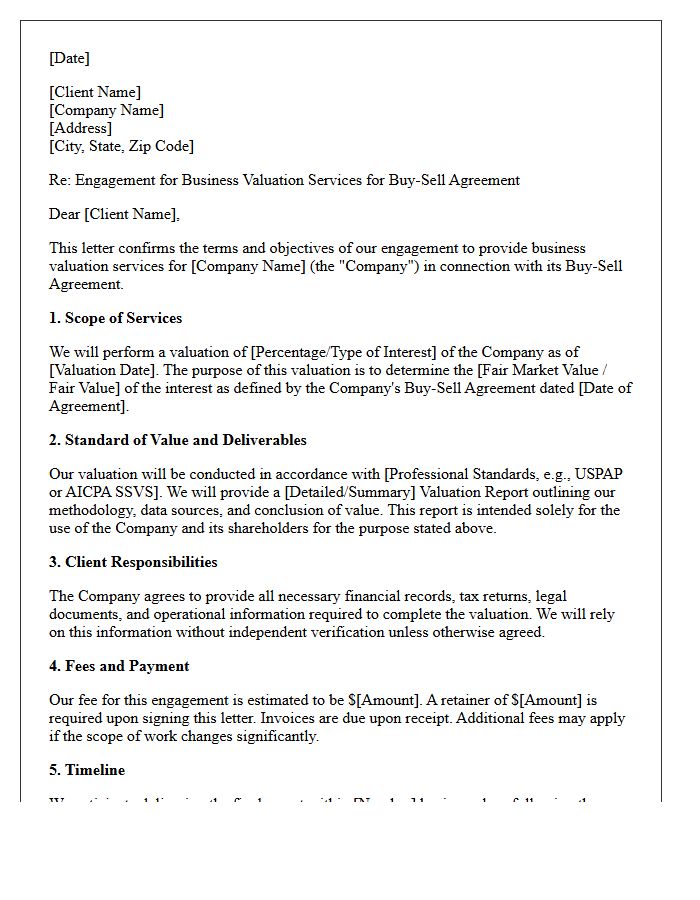Buy-Sell Agreement Valuation Engagement Letter