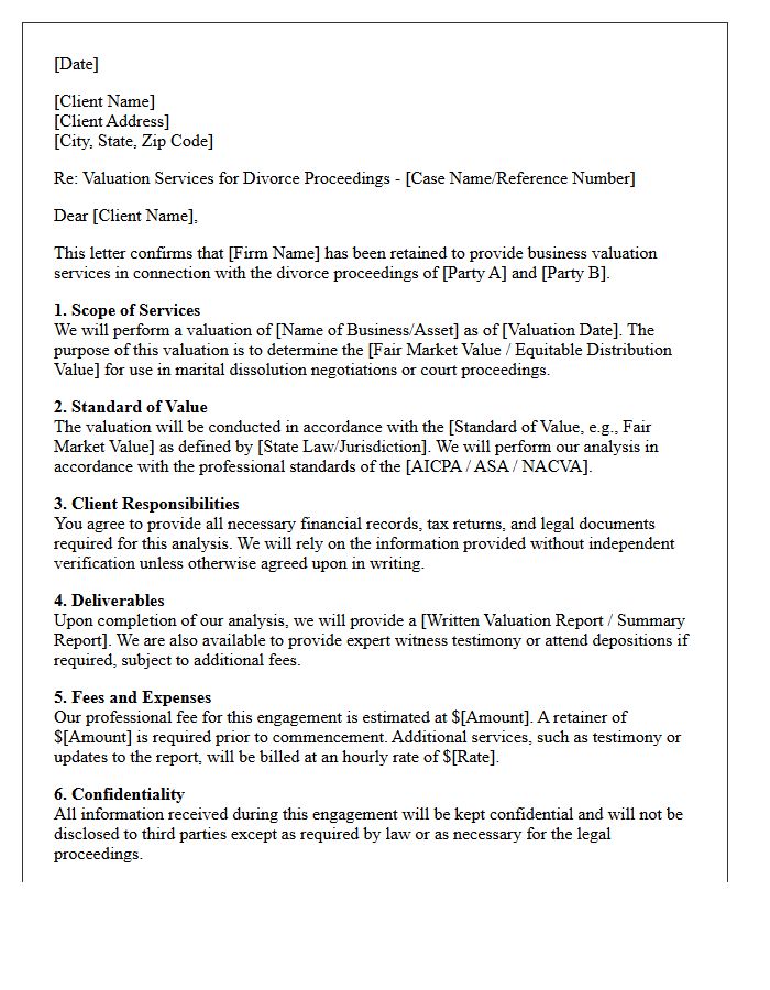 Divorce Proceeding Valuation Engagement Letter