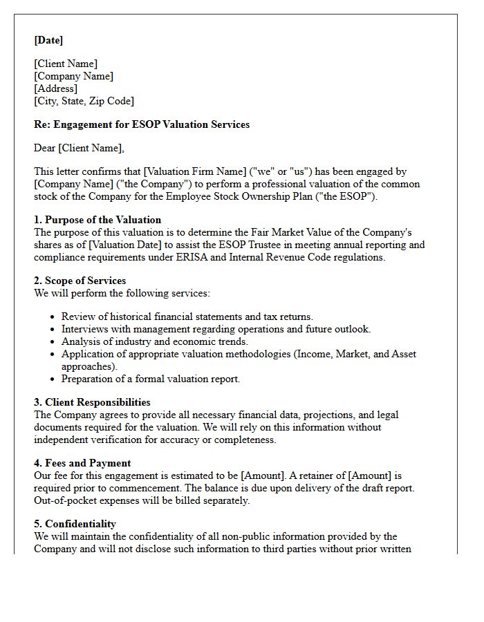 Employee Stock Ownership Plan Valuation Engagement Letter
