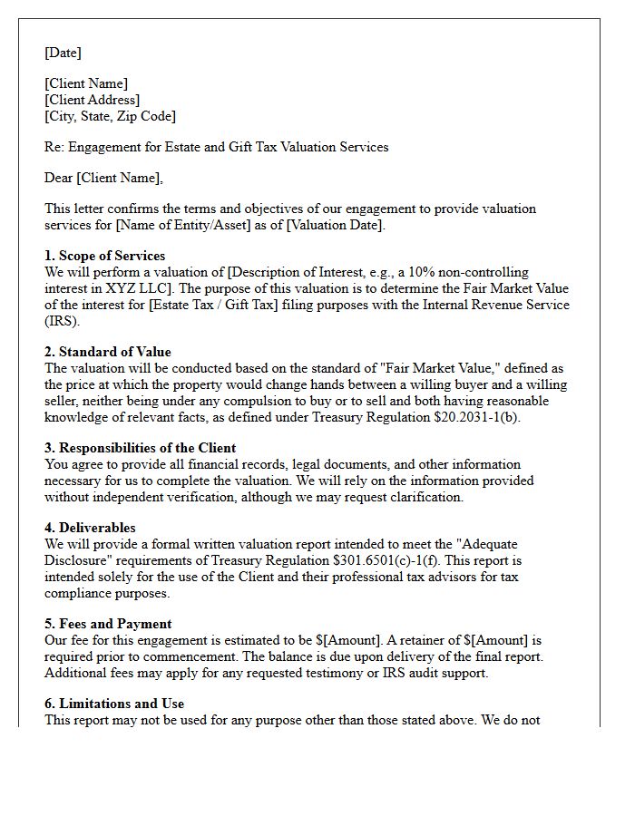 Estate and Gift Tax Valuation Engagement Letter