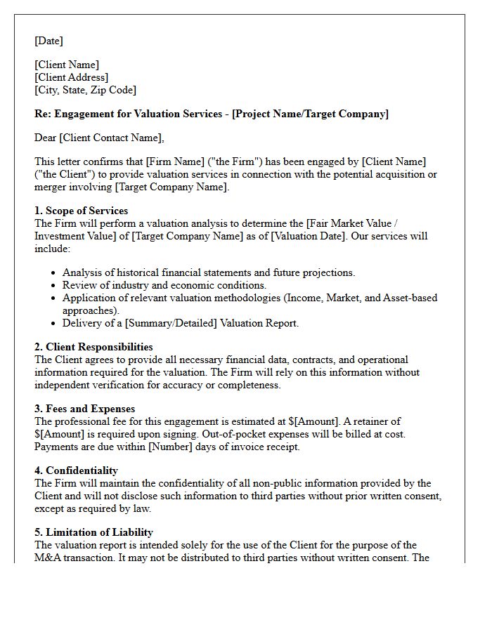 Mergers and Acquisitions Valuation Engagement Letter