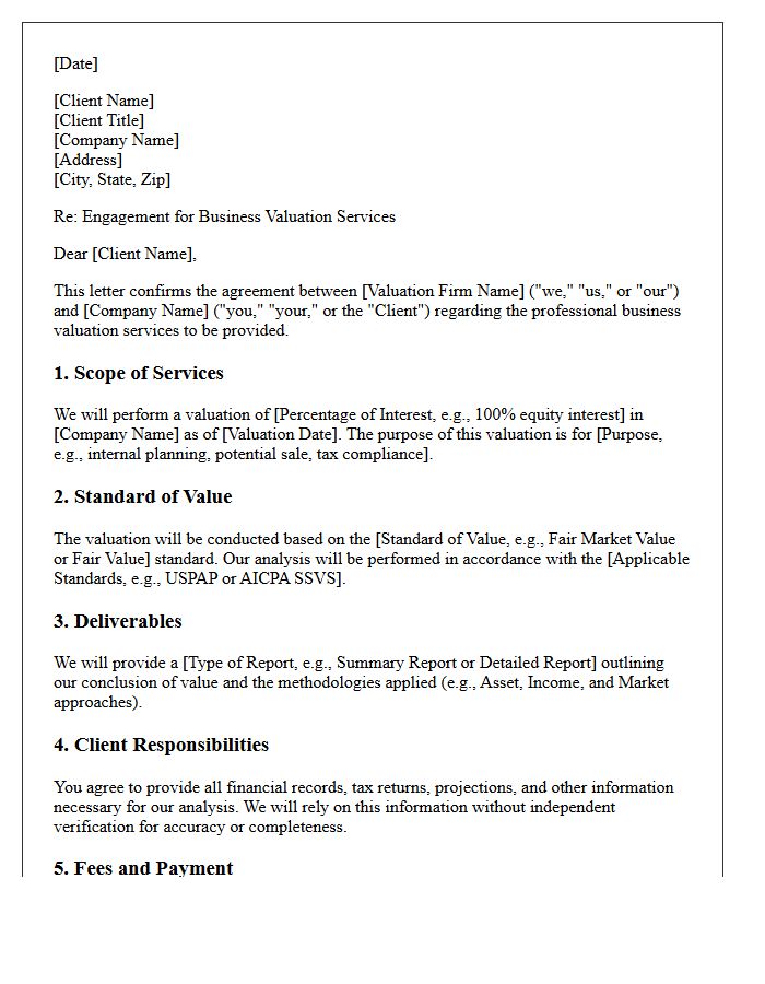 Standard Business Valuation Services Engagement Letter