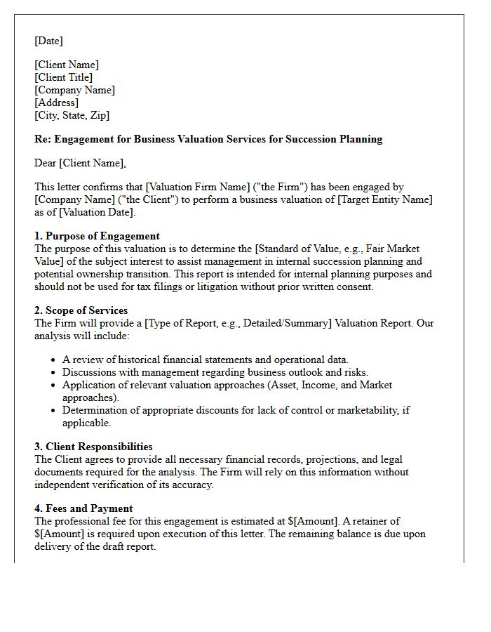 Succession Planning Valuation Engagement Letter