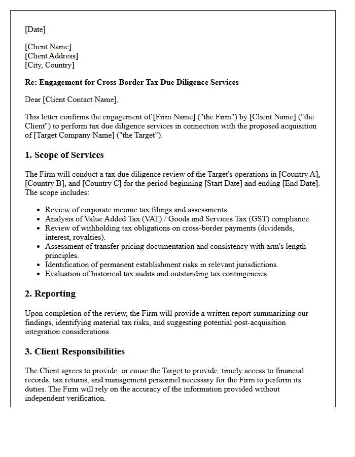 Cross-Border Tax Due Diligence Engagement Letter