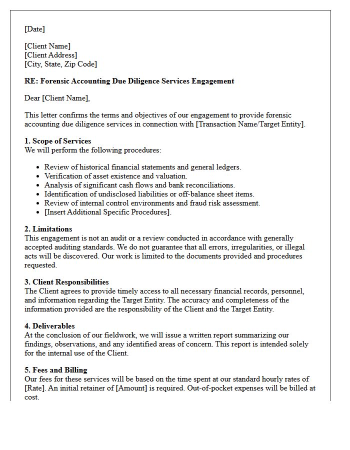 Forensic Accounting Due Diligence Engagement Letter