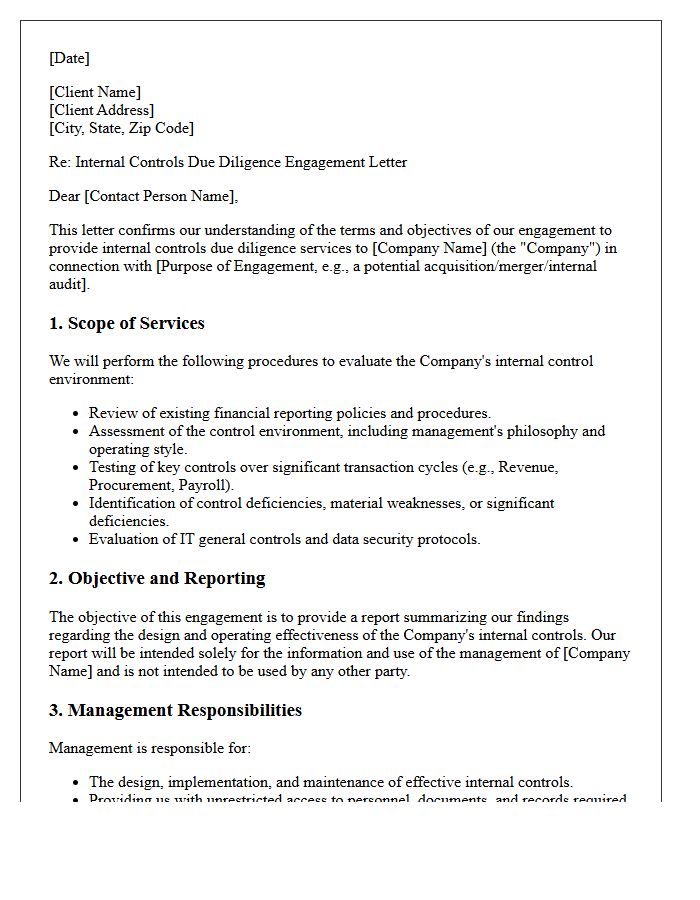 Internal Controls Due Diligence Engagement Letter