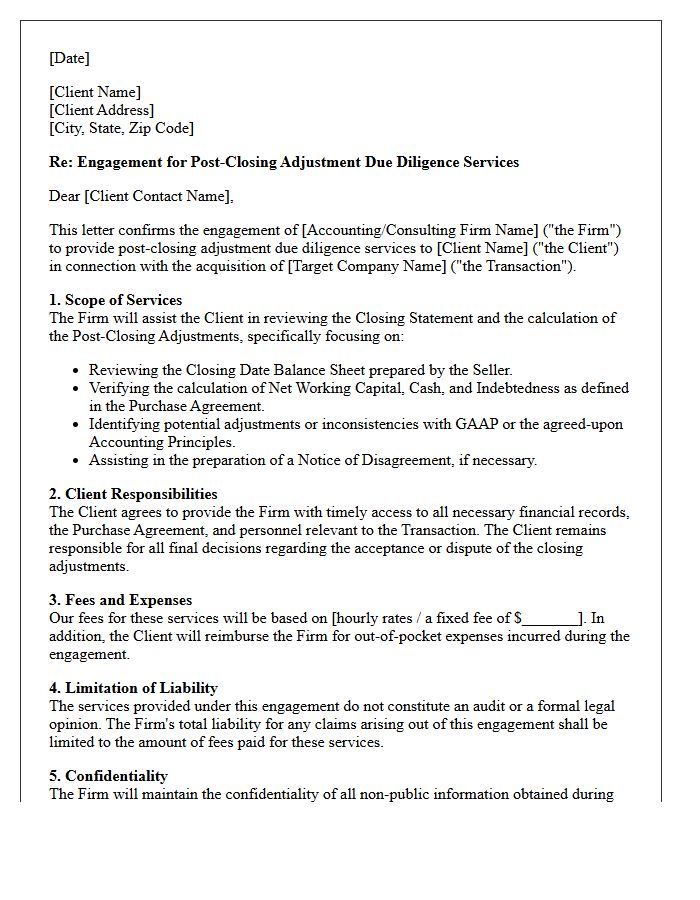 Post-Closing Adjustment Due Diligence Engagement Letter
