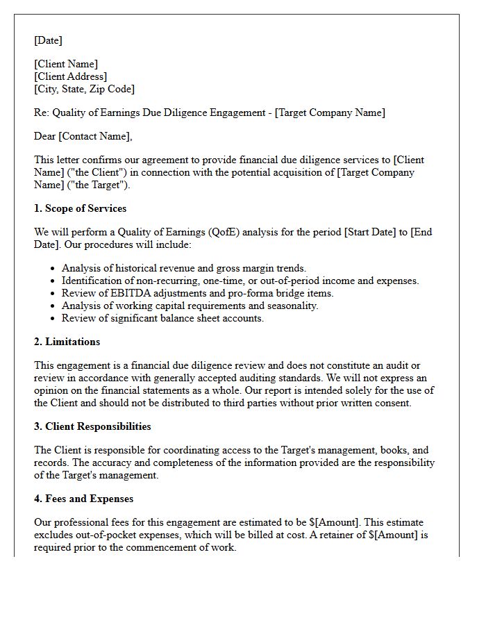 Quality of Earnings Due Diligence Engagement Letter