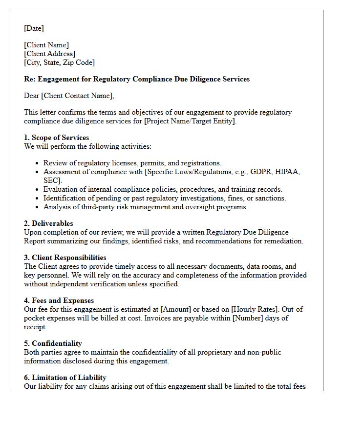 Regulatory Compliance Due Diligence Engagement Letter