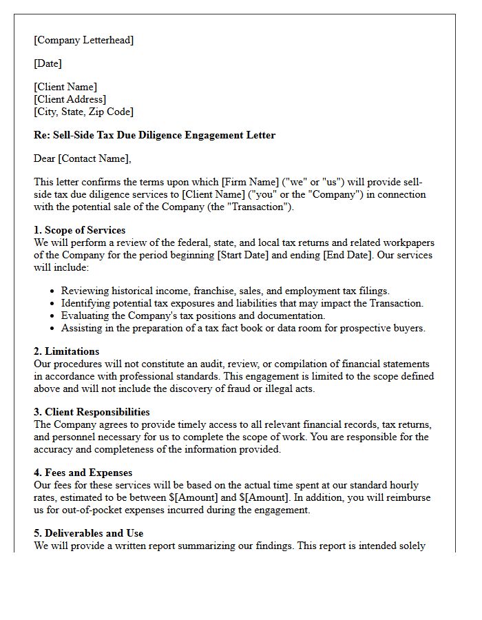 Sell-Side Tax Due Diligence Engagement Letter