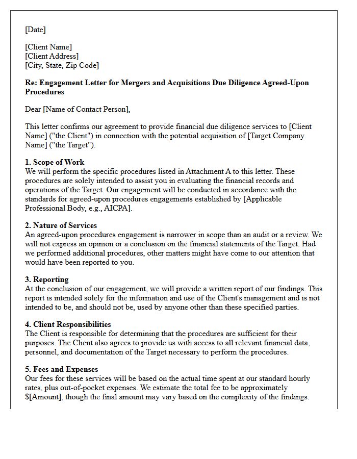 Mergers and Acquisitions Due Diligence Agreed-Upon Procedures Engagement Letter