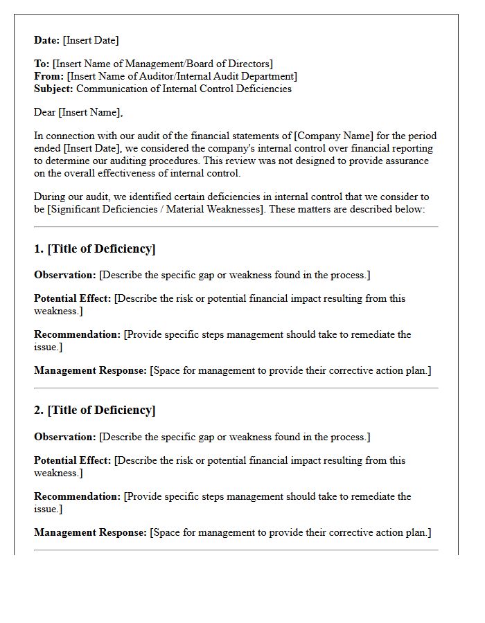 Internal Control Deficiency Communication Letter