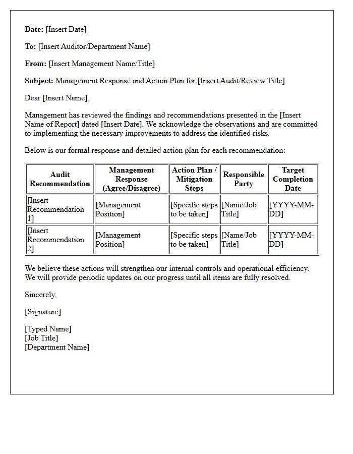 Management Response and Action Plan Letter
