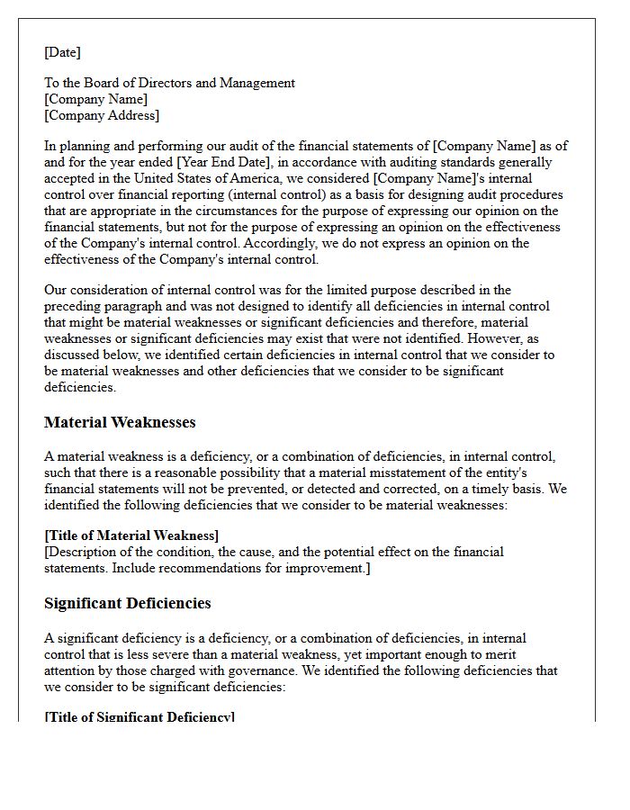 Significant Deficiency and Material Weakness Letter