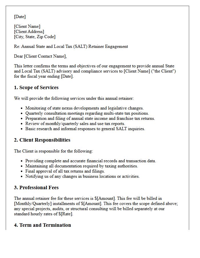 Annual State and Local Tax Retainer Engagement Letter