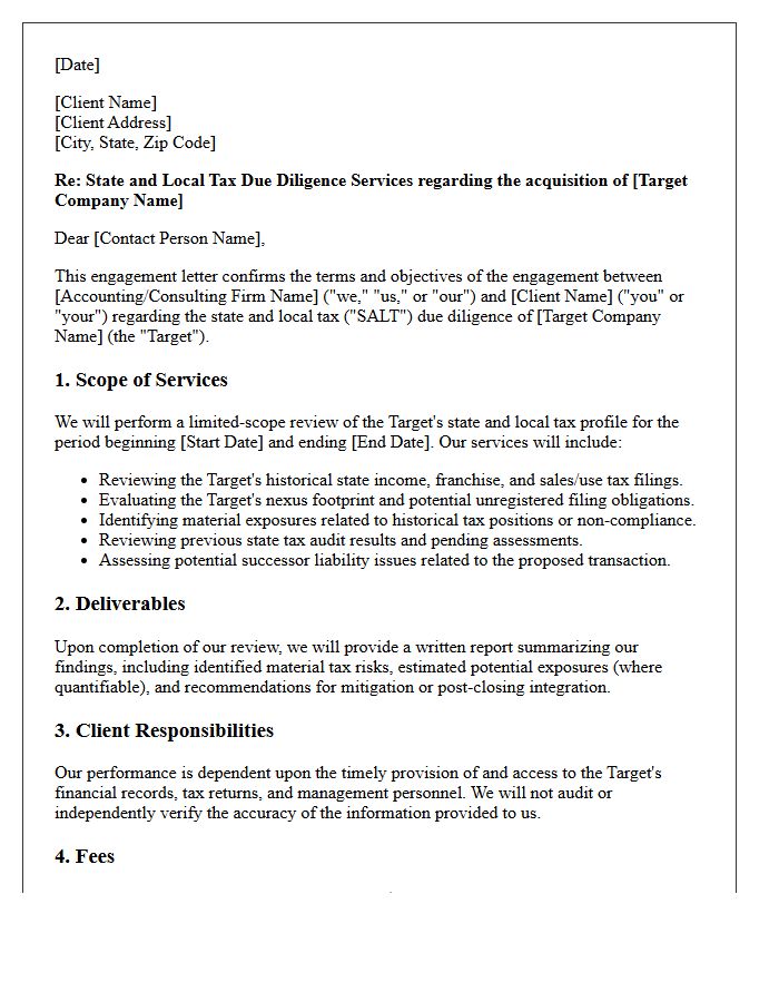 Mergers and Acquisitions State Tax Due Diligence Engagement Letter