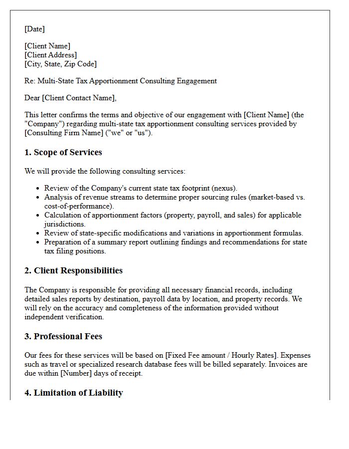 Multi-State Tax Apportionment Consulting Engagement Letter