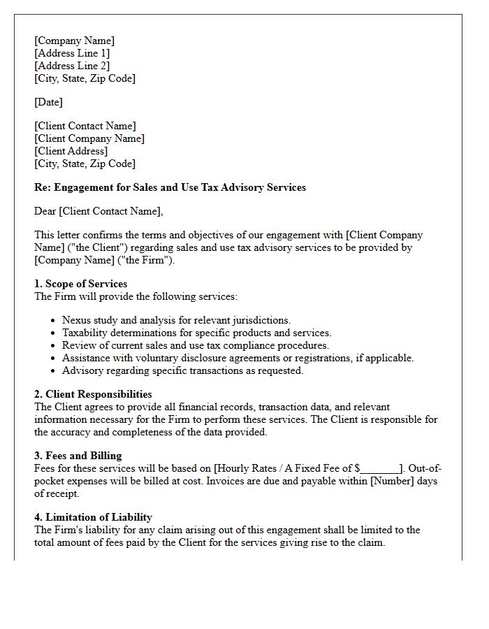 Sales and Use Tax Advisory Engagement Letter