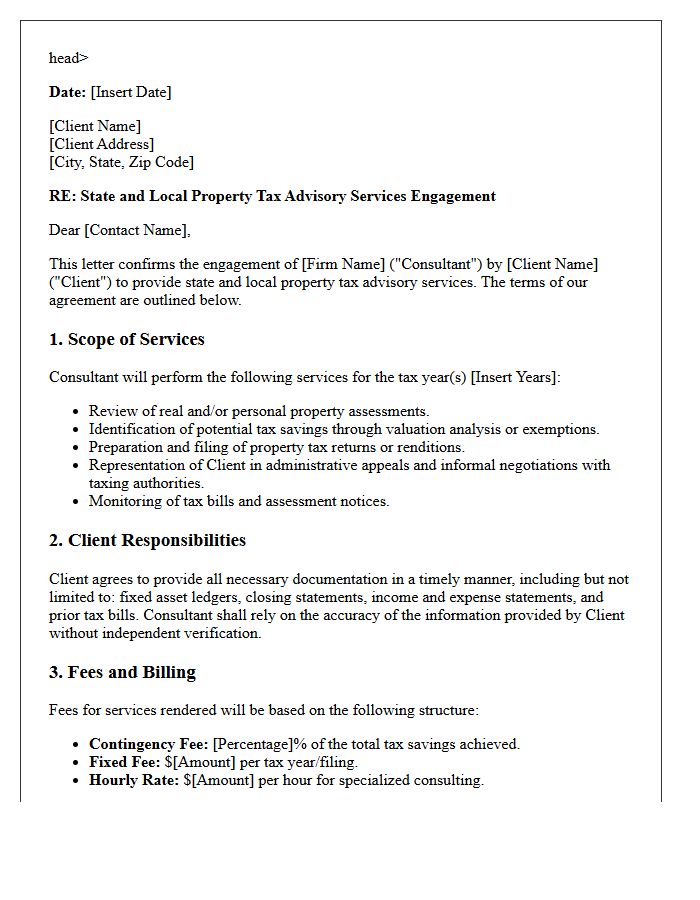 State and Local Property Tax Advisory Engagement Letter