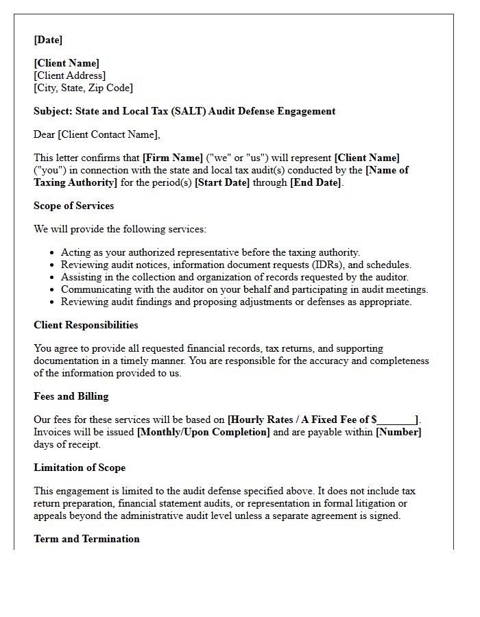 State and Local Tax Audit Defense Engagement Letter